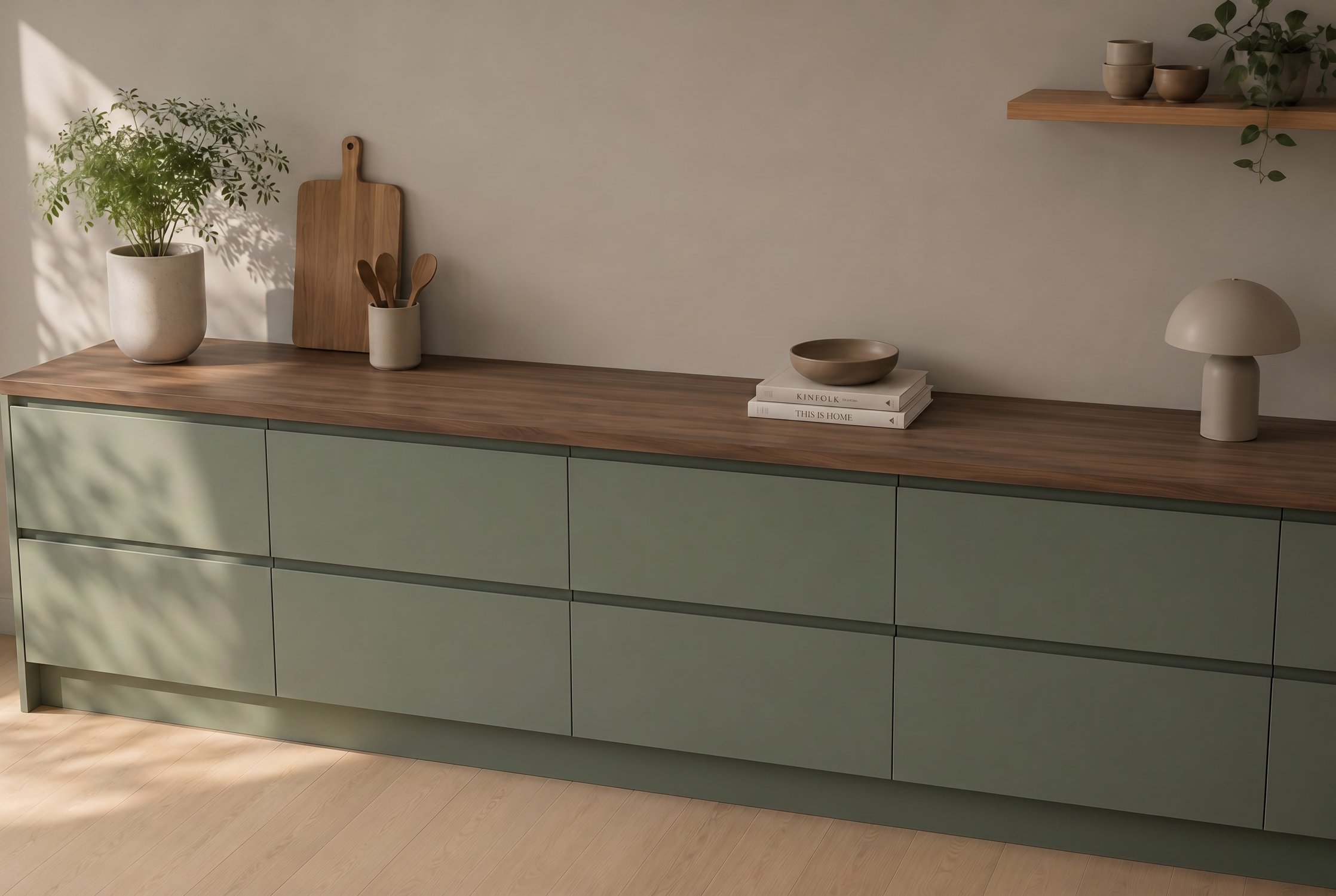 Okapi Walnut farve i Laminat bordplade - vist i køkkenmiljø - Trælook bordplader