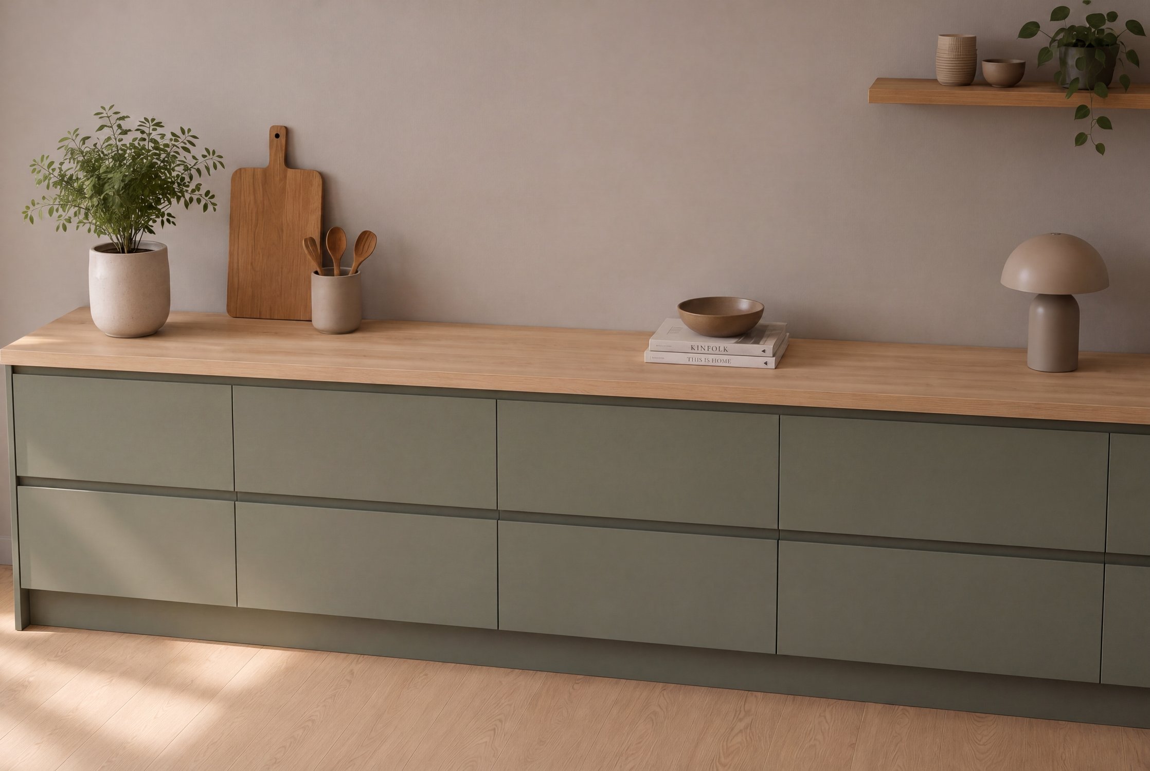 Inspiration: Sand Gladstone Oak Laminat bordplade efter mål - Stenlook bordplader