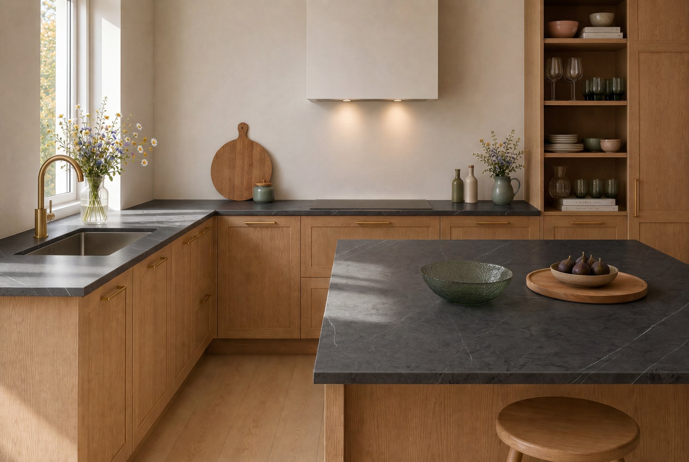 Sophisticated Gray Rock farve i Laminat bordplade - vist i køkkenmiljø - Bordplader til bad